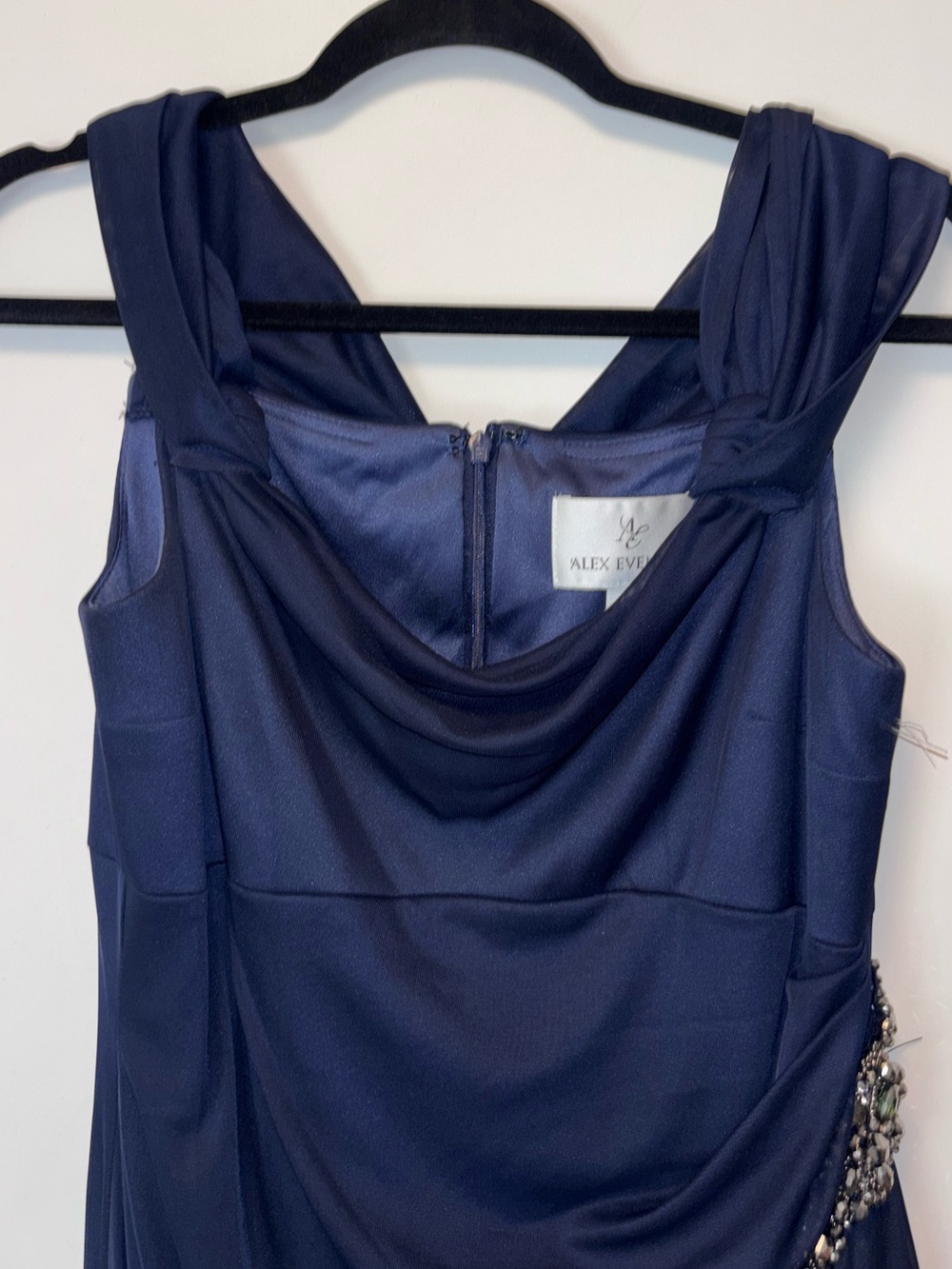 ALEX EVENINGS Embellished Navy Blue Cold Shoulder Column Gown - Picture 13 of 16